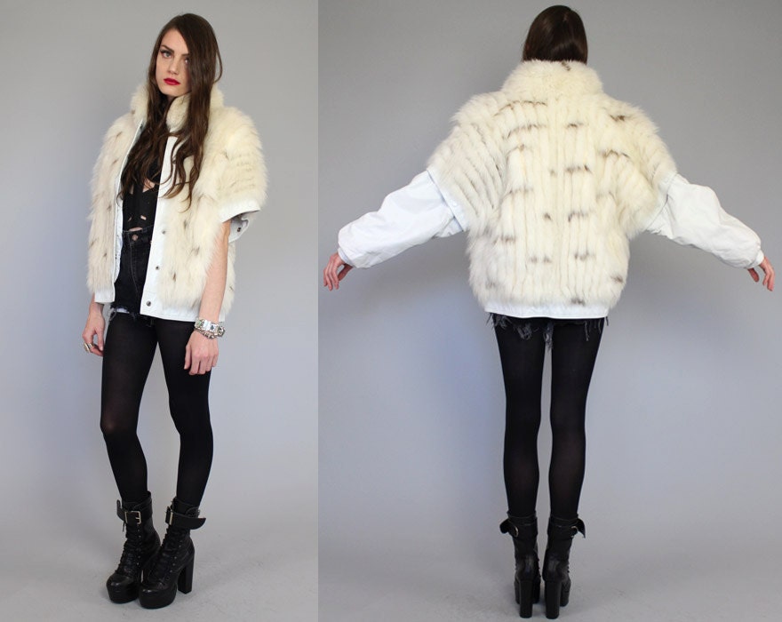 Vtg 80s Leather FOX FUR Spotted Glam Chubby Bomber Coat Vest Jacket M