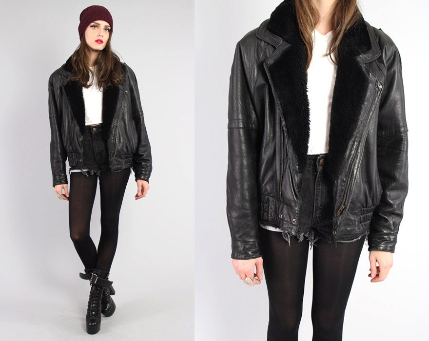 Vtg 80s Black Shearling Leather Sheepskin Aviator Bomber Coat Jacket M