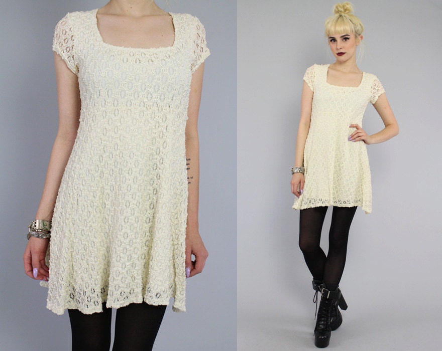 Vtg 90s Ivory Lace Grunge Dolly Mini Dress S-M