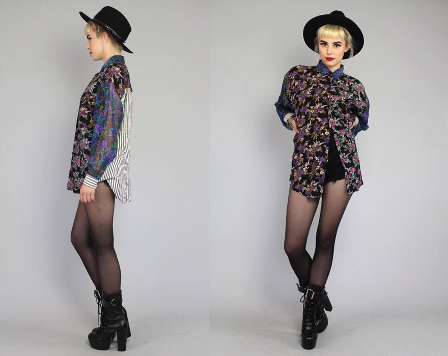 Vtg 90s Grunge Floral Revival Patchwork Button Up Shirt Tunic Top M-L