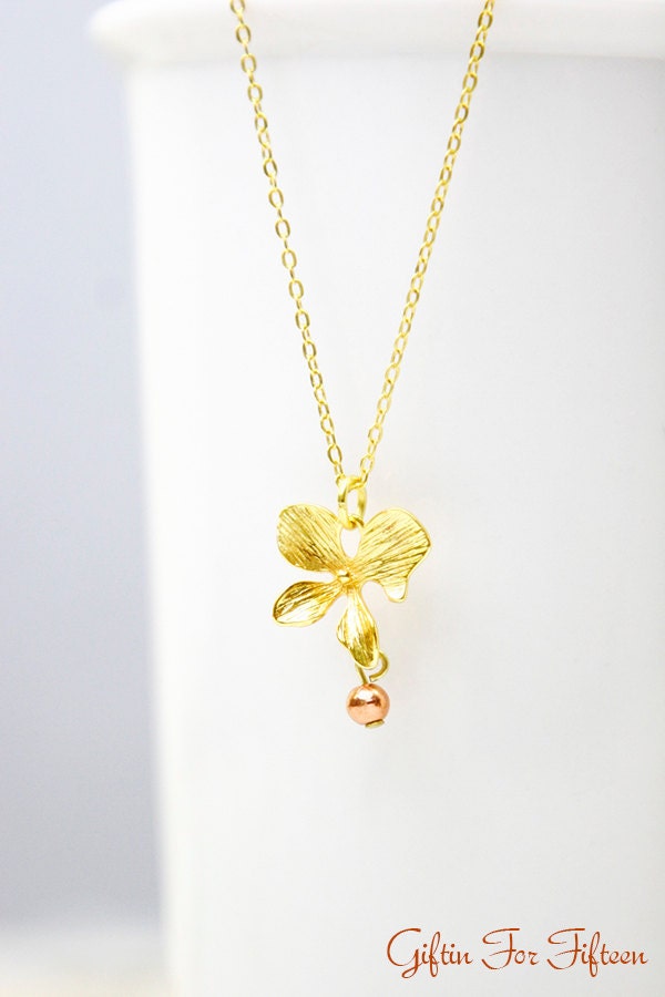 Gold Plated Orchid Flower Pendant Necklace, Simple Everyday Modern Minimalist Bridal Jewelry, Custom Wedding Orders, Birthstone Charms