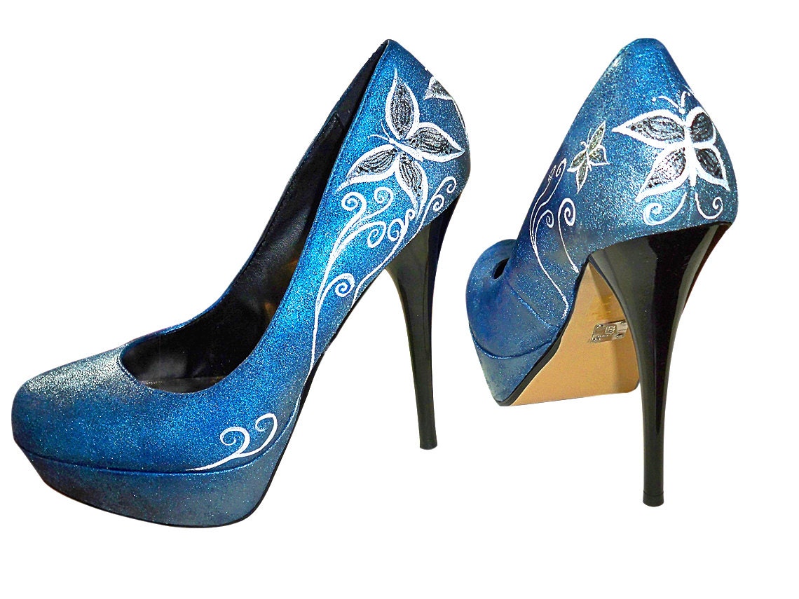 Custom Shoes, Airbrushed, Handpainted, Womens Shoes, Platform Pumps, High Heels, Butterflies, Swirls - CelistellART