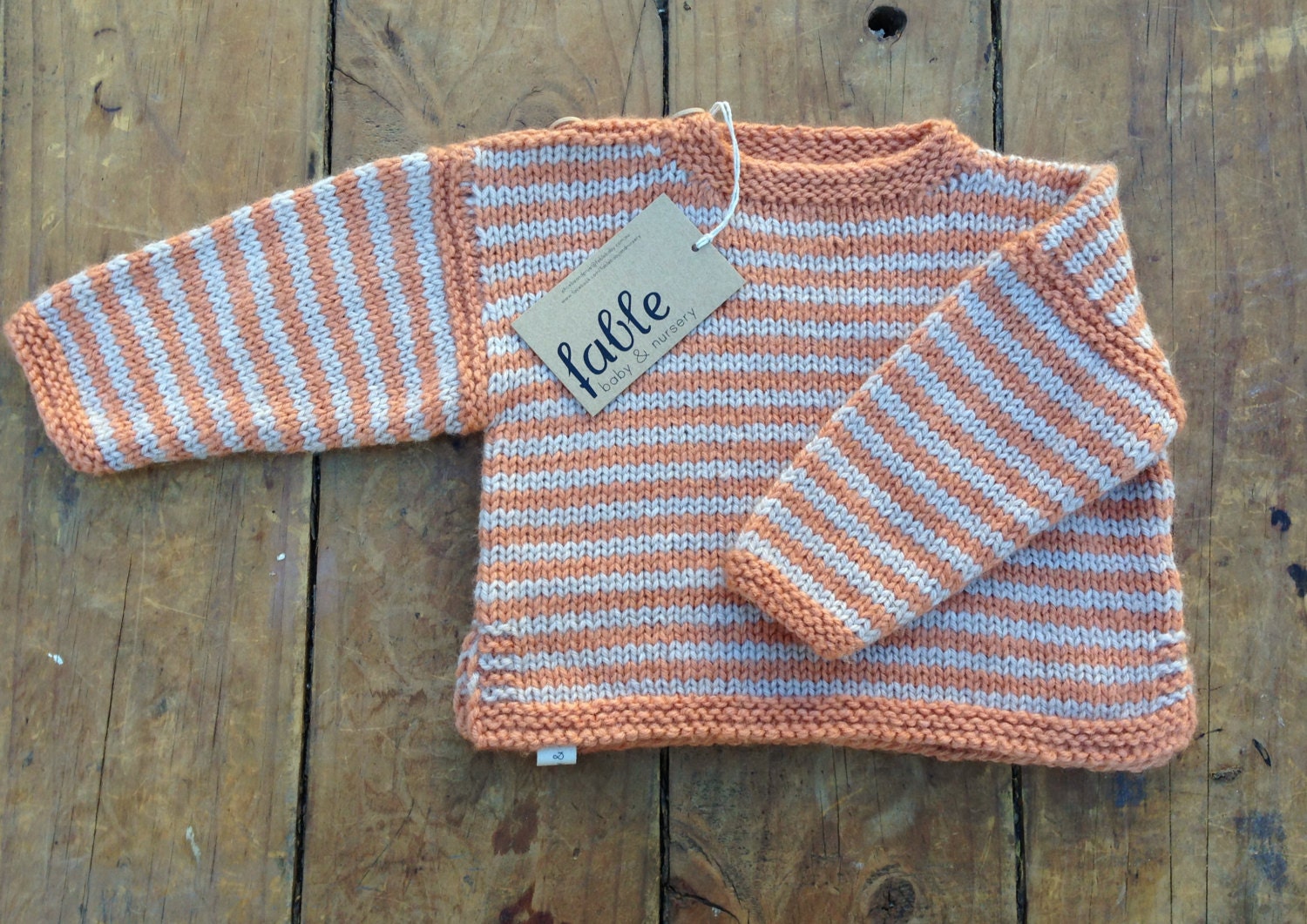 Hand Knitted Unisex Baby Jumper Wool and Silk - Orange & Natural Stripe
