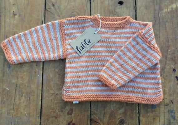 Hand Knitted Unisex Baby Jumper Wool and Silk - Orange & Natural Stripe