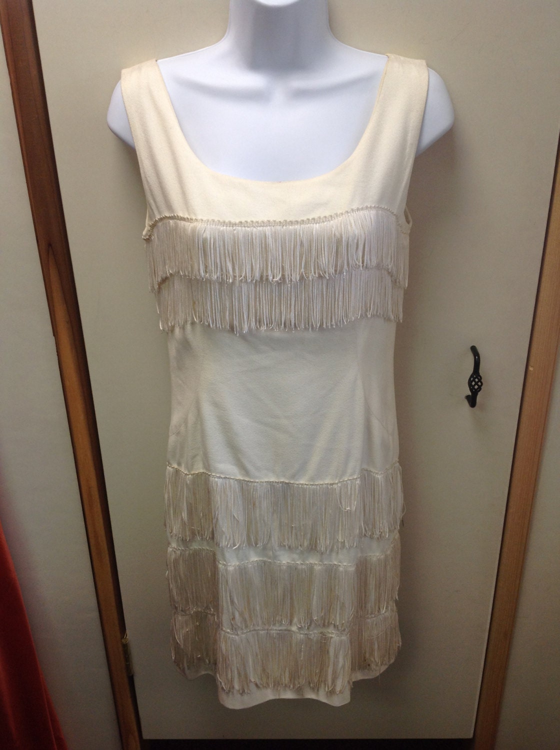 1950s Does 1920s Flapper Style White Cream Dress with Fringe The Great Gatsby