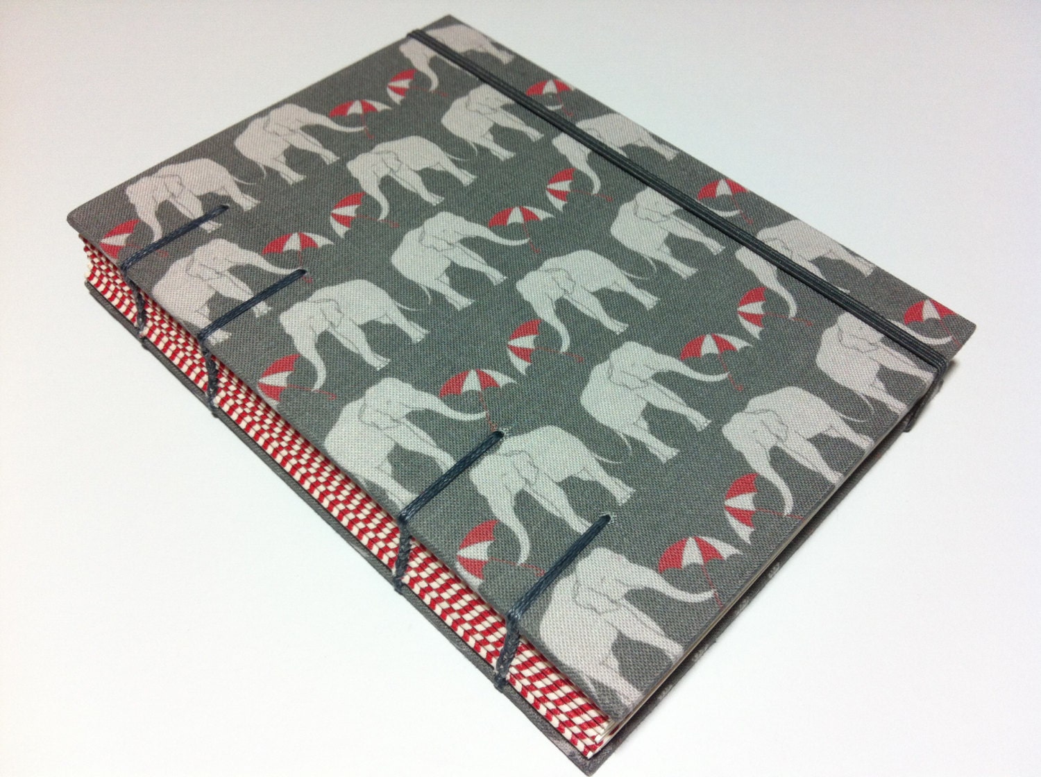 Handmade Fabric Coptic Stitched Journal Notebook - Elephants with Umbrellas on Gray - BBhandmades