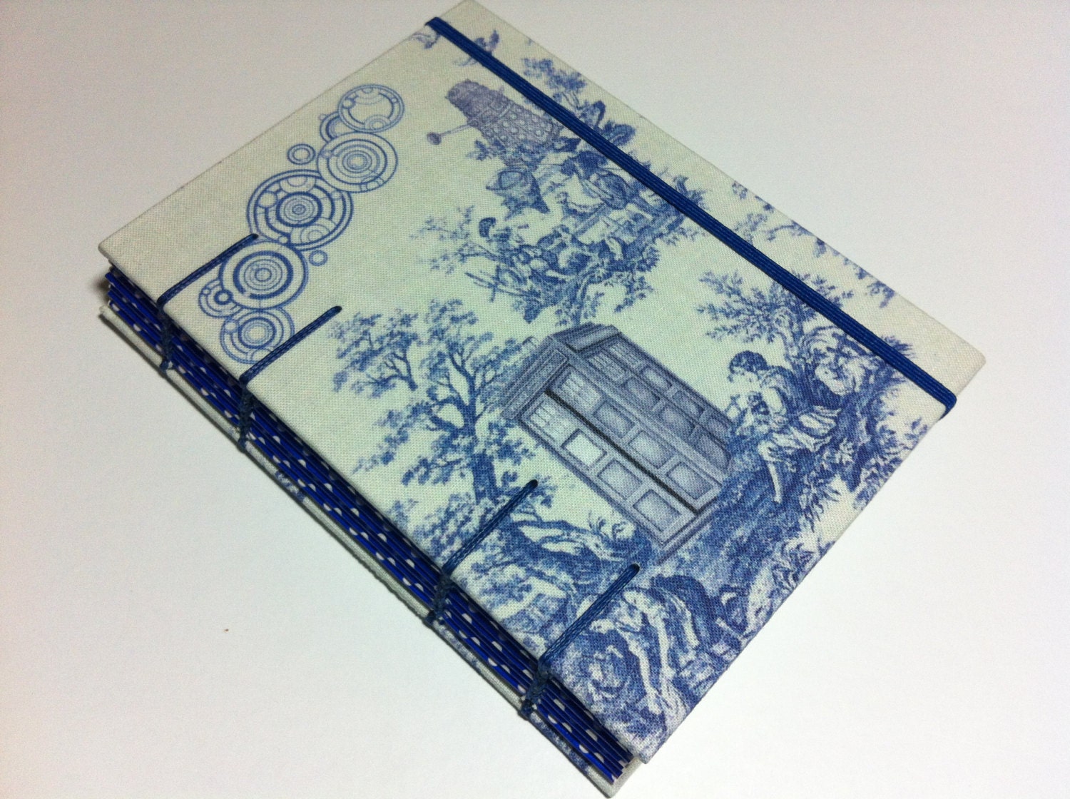 DOCTOR WHO Toile Fabric Handmade Journal Notebook - Tardis Box , Dalek & Weeping Angel - Coptic Stitched