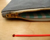 Pencil case/ zip pouch/  cosmetic bag. mint cotton stripe lining. washed thick grey canvas, vintage laundry label. YKK brass zip.