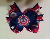 Handmade custom Texas Rangers baseball inspired stacked hair bow clip red white blue bottle cap