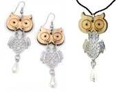 handmade Owl jewelry Laser Die Cut Wood Head Silver Plated Body Pearl drop Pendant Necklace and/or Earrings Set Lovely Nature Wooden Gift
