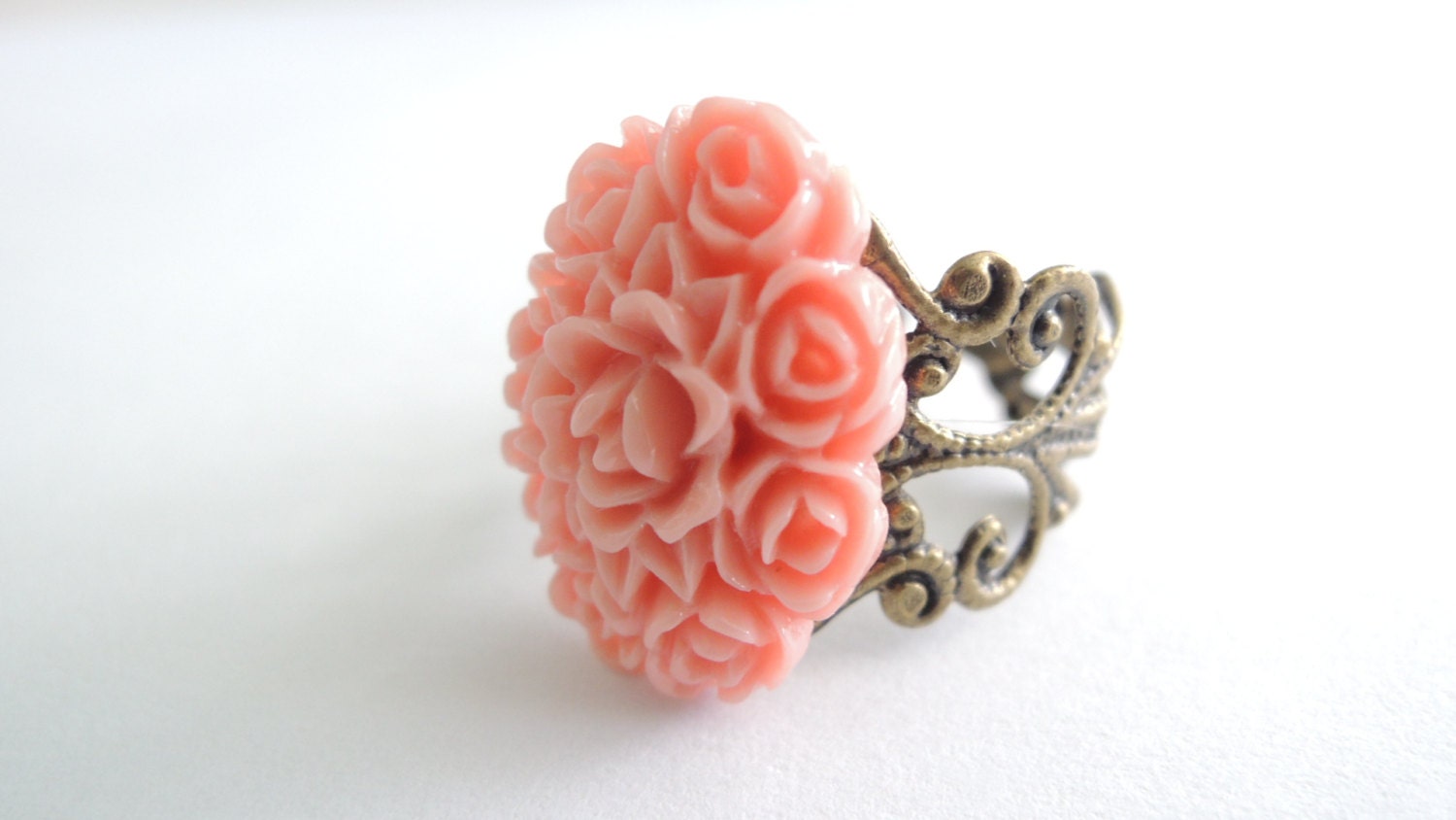 Peach Pink Ring Rose Bouquet Cameo Wedding Accessory Shabby Chic Bronze Filigree Statement Ring Bronze Filigree Adjustable  Ring