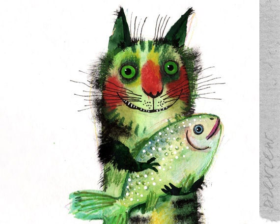 The cat with a fish, original painting by ozozo