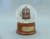 Here to Stay - one of a kind snow globe: glass heart in metal birdcage with open door