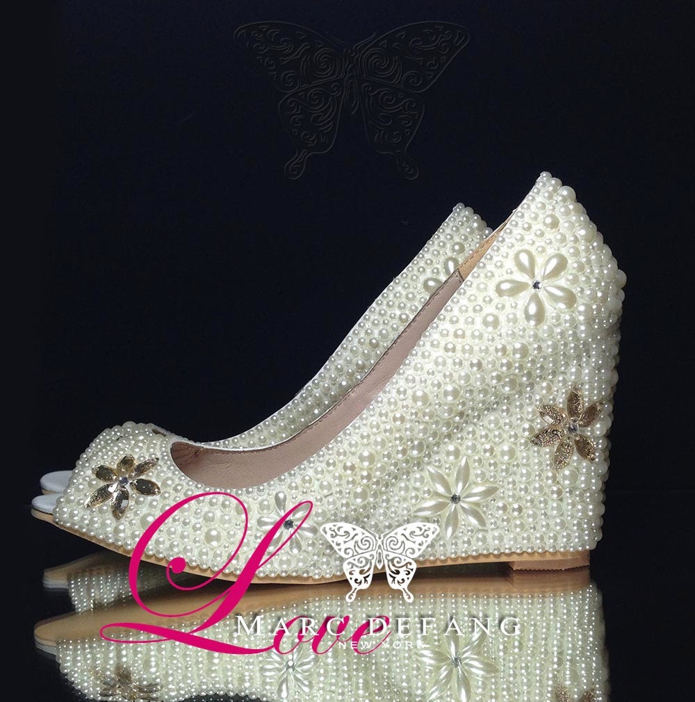 Luxury Genuine Leather Ivory pearl bridal wedges with champagne crystal floral motif