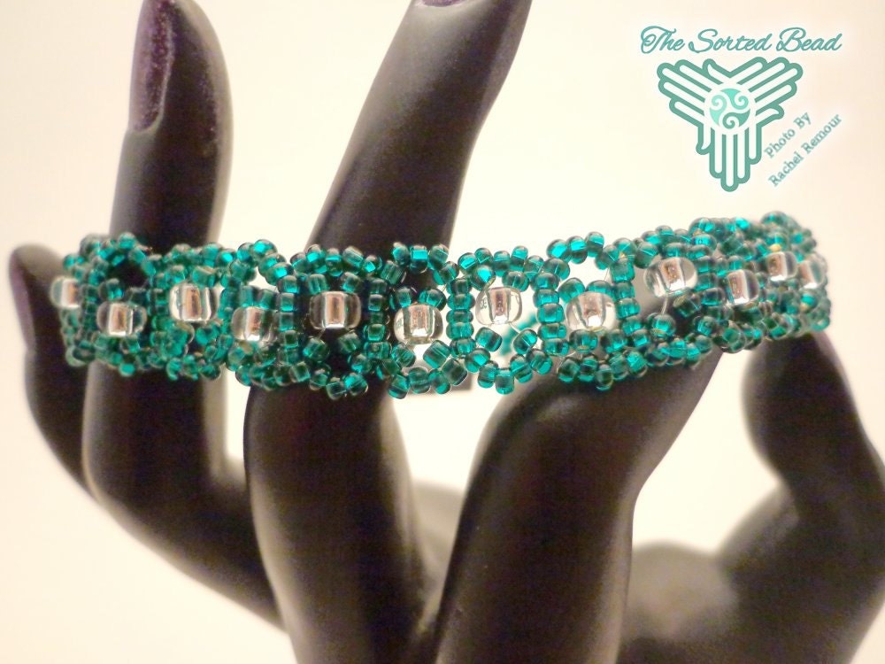 Beaded Right Angle Weave Bracelet, Teal Seed Beads