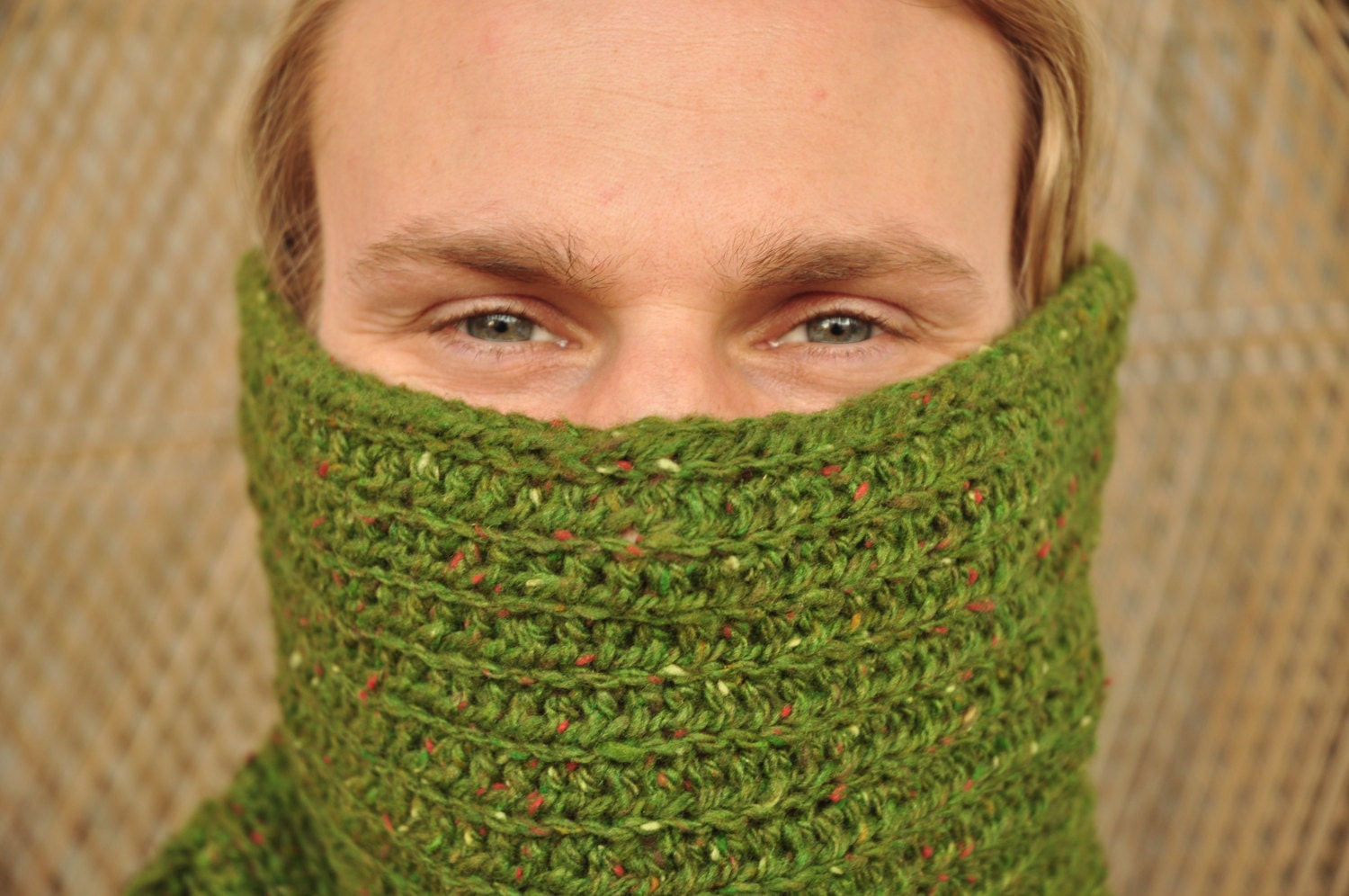 Classic San Francisco Moss Green Neckwarmer with red speckles, made in San Francisco by Birgit with love ,  unisex adults and children, too