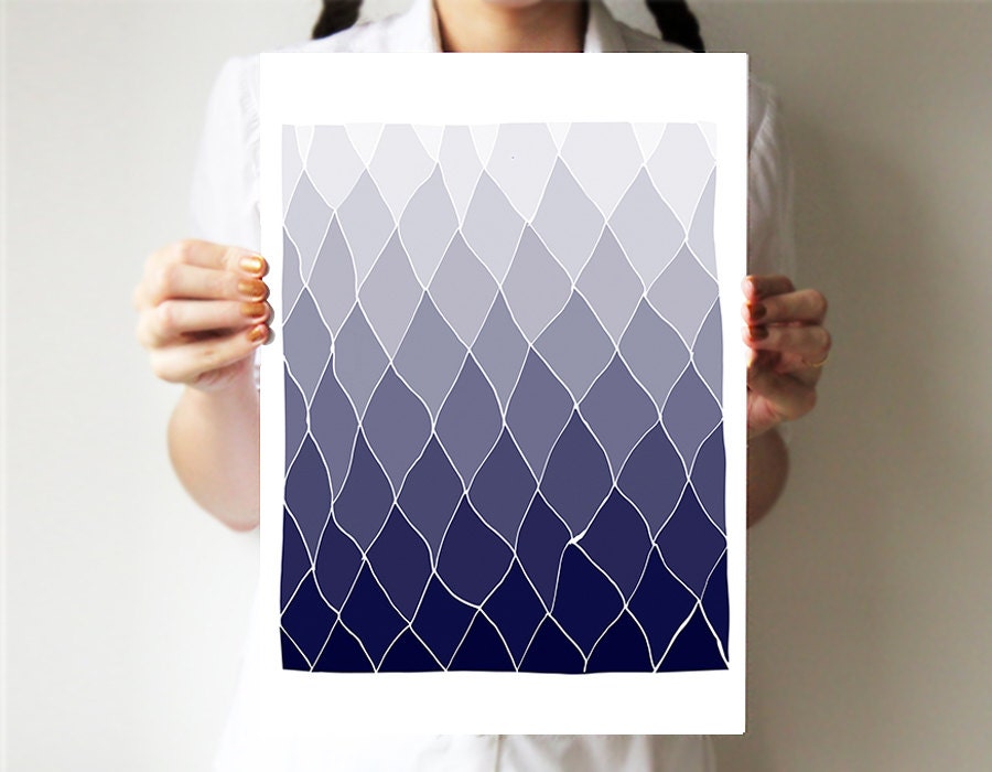 Geometric print 11"x14" - Blue mountains - Abstract art - Hands drawing base - Denim indigo - Ombre
