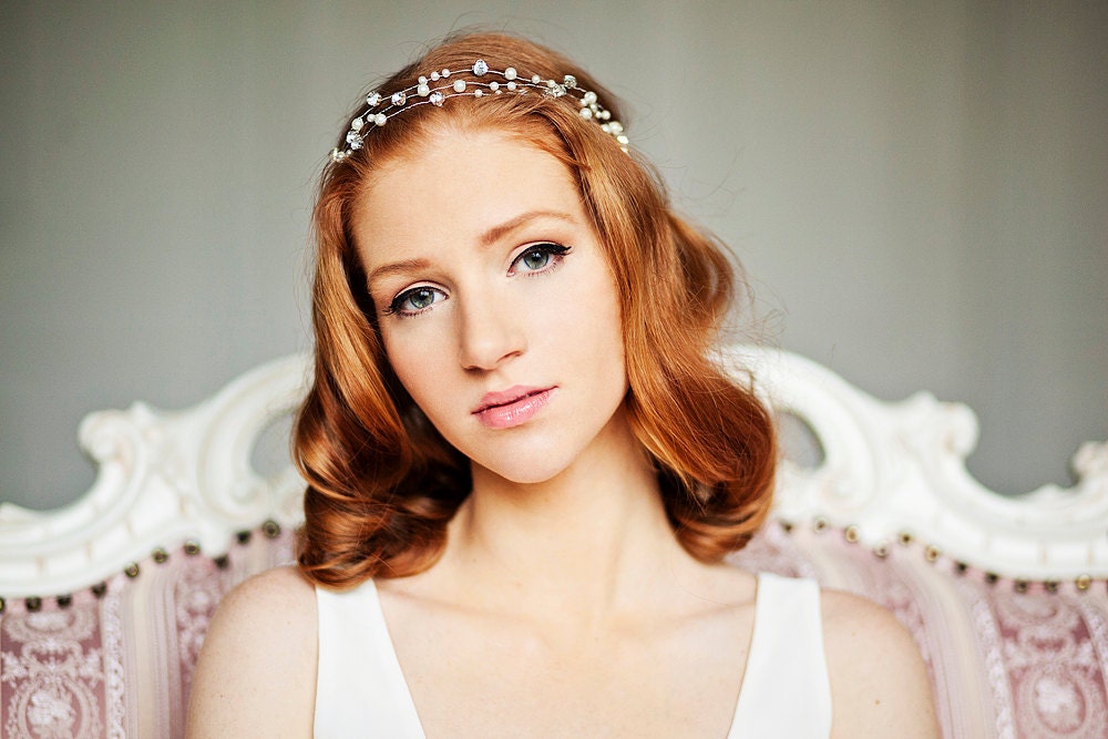 Bridal wedding pearl & rhinestones tiara, bridal headband, wedding headpiece, crown, pearl, rhinestones, silver, gold, Boho