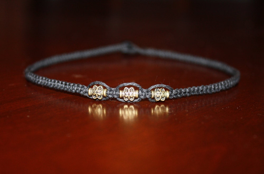 Thin Black Hemp Choker Necklace - Flower Gold Metal Beads - Square Knot - Women Teen Girl Child Kid