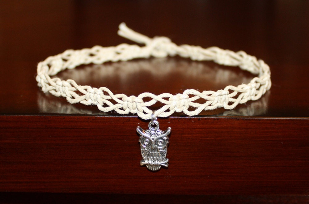 Child's Silver Metal Owl Charm - Hemp Choker Necklace - Switchback Knot - Girl Kid Boy Women Teen