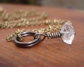 Rolling Stone. Herkimer Diamond necklace. Antique brass delicate cable chain.