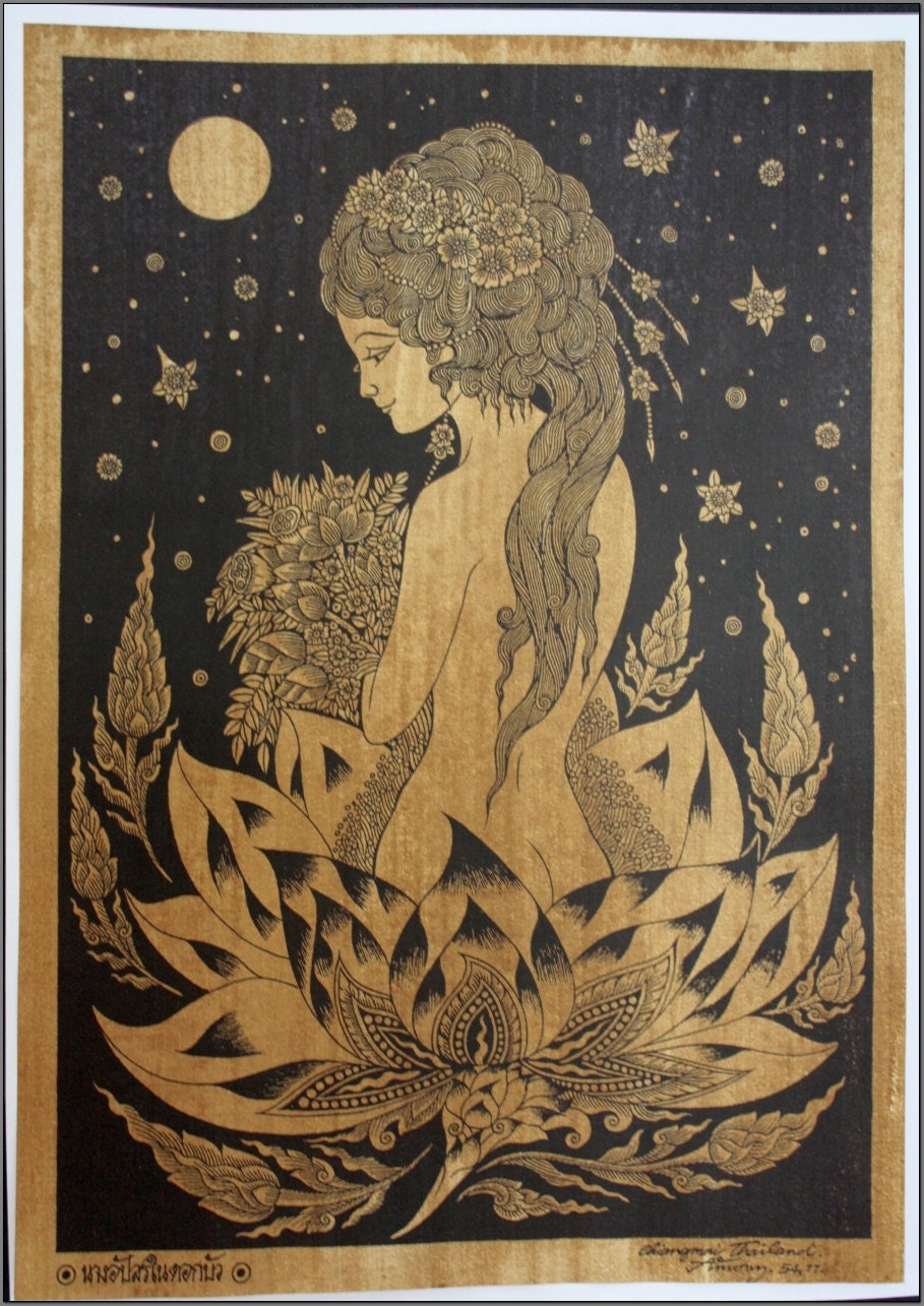 Thai traditional art of Apsara by silkscreen printing on sepia paper