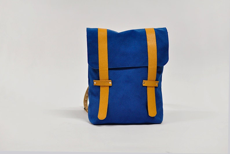 Backpack, in blue with orange leather, handmade by Frau Licht - Konstantin