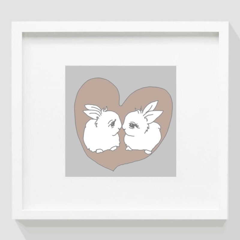 Cute Bunnies in love, Adorable, Art Print, Valentine's day, Illustration, Drawing, Wall Art, Rabbit, neutral, Personal or Commercial Use