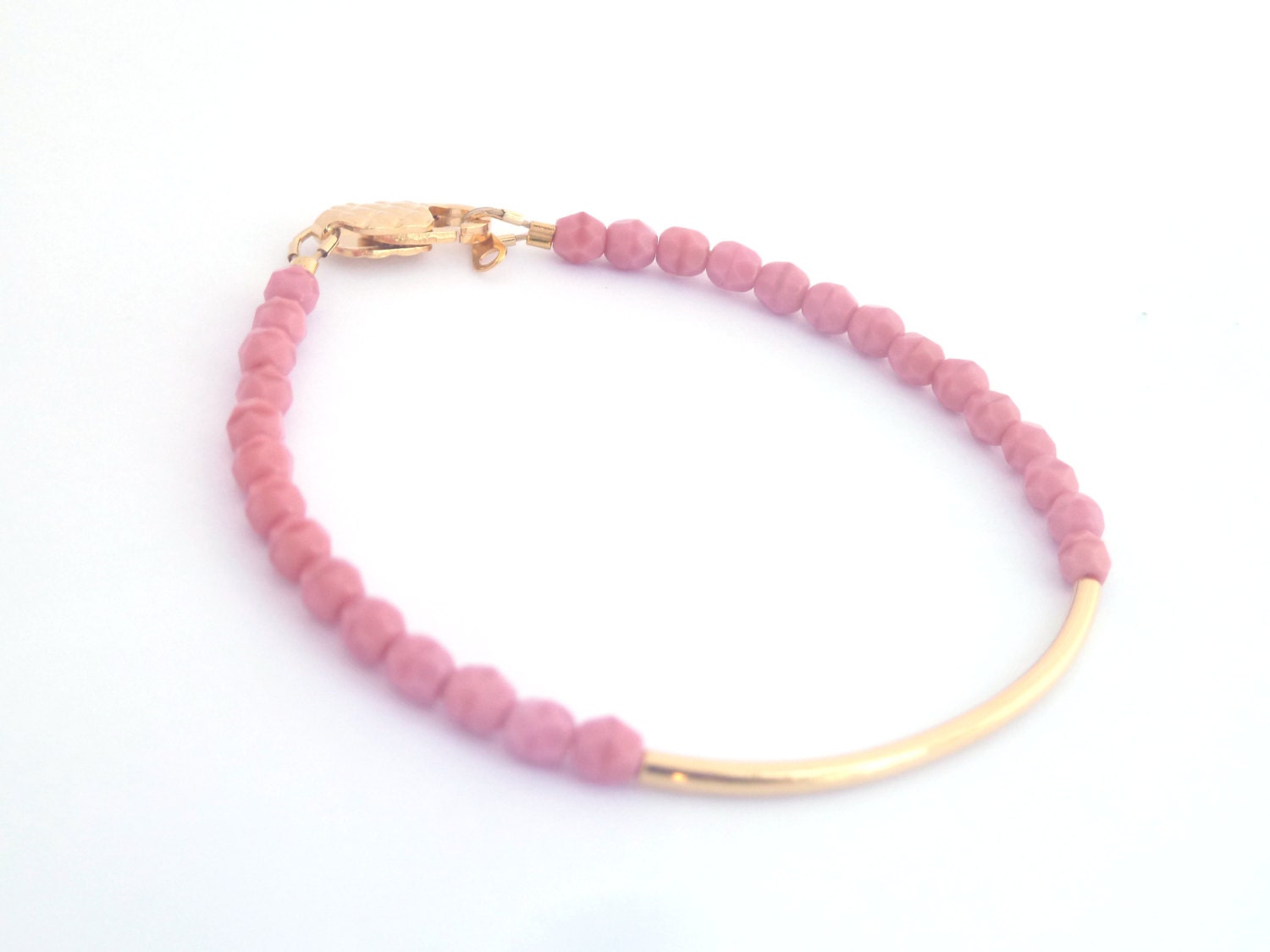 gold bar bracelet , coral pink bracelet, bar beaded jewelry , opaque glass beaded, layering jewelry