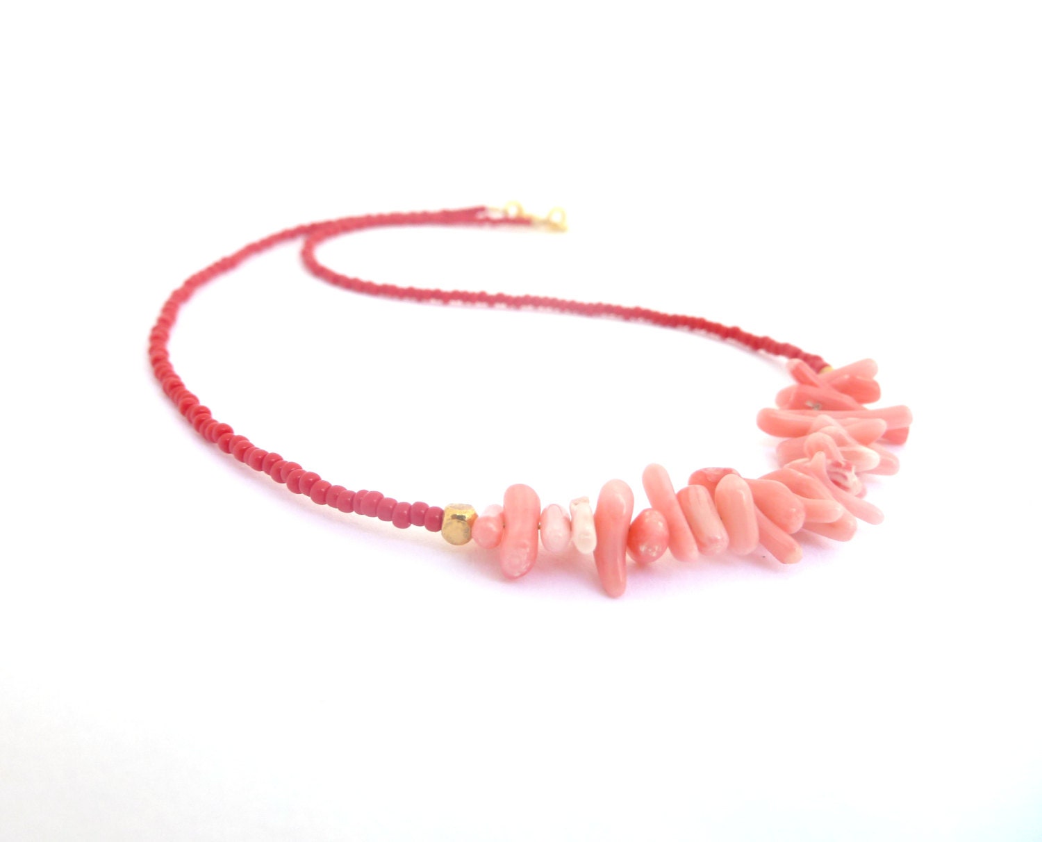 Pink Coral Necklace, coral chips, opaque red and pink, spring - summer fashion