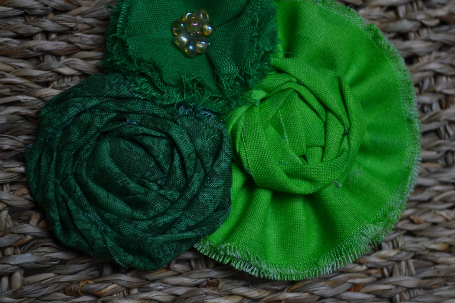 Shades of Green Fabric Ruffle/Rosette Cluster with 'Pot Of Gold' Beaded Accent - Alligator Clip