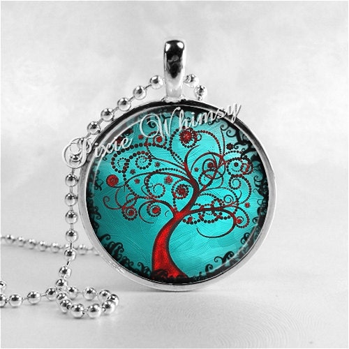 Watercolor Tree Necklace Art Pendant Jewelry with Ball Chain, Teal Blue, Tree of Life