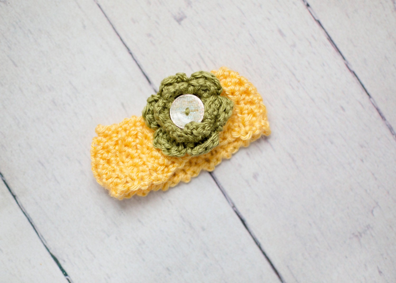 Sunshine Yellow and Sage Green Flower with Pearl Button Crochet Baby Headband (up to 16 inch circumference 0-6 months)