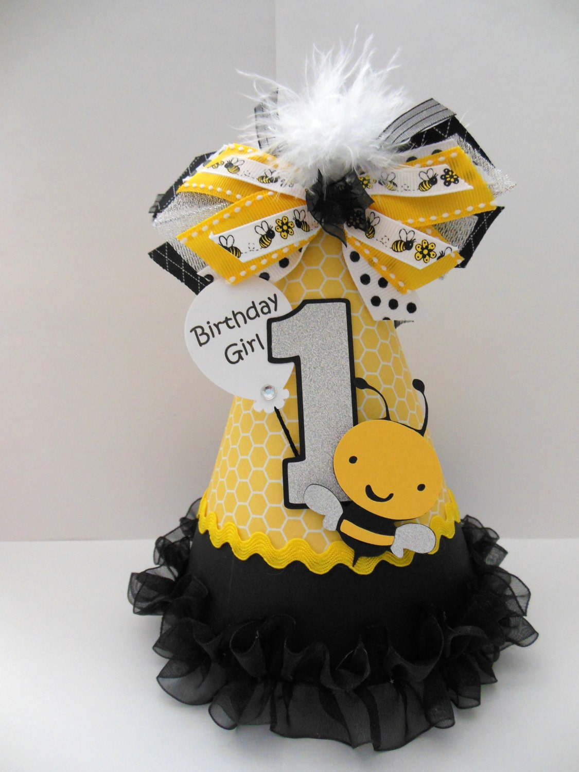 Bee Day Lil' Bumblebee Party Hat - Yellow Honeycomb, Black and Silver Glitter - Personalized Il_170x135