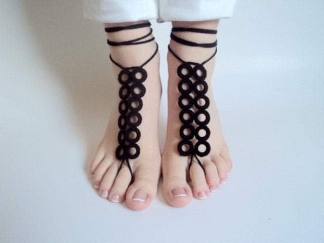 Barefoot sandles, Black  Barefoot sandals, Wedding beach party, crochet sandals, foot jewelry, yoga, leg decoration, anklet, hippie sandals