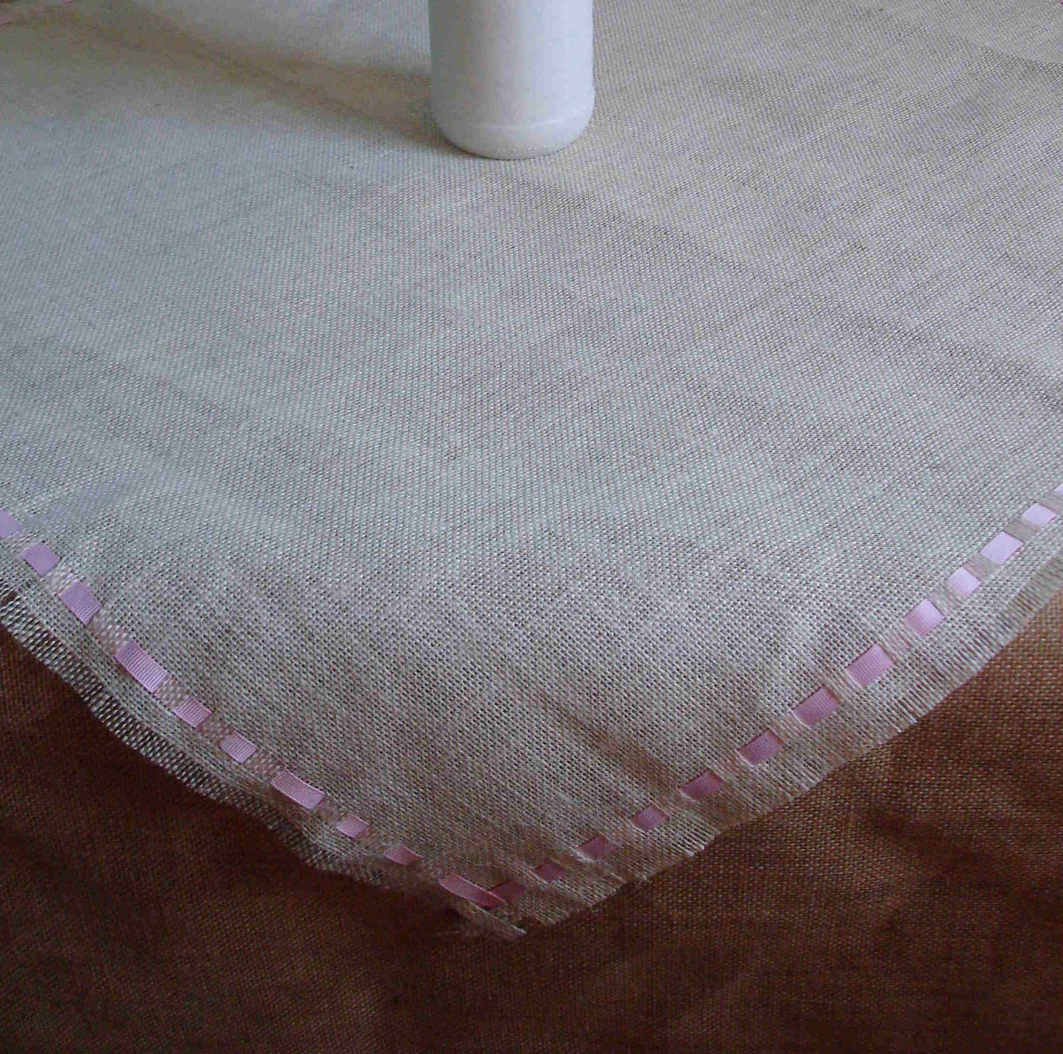 Ivory Burlap Table Overlay- 30 inch Table Square with ribbon and fringe