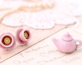 Miniature teacup earrings gift set, miniature teapot necklace, miniature food jewelry, Kawaii jewelry, Alice in Wonderland jewelry