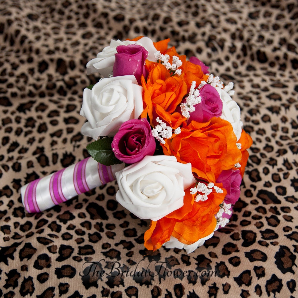 Orange and fuchsia (hot pink) bridal bouquet with soft touch roses, silk roses and baby's breath