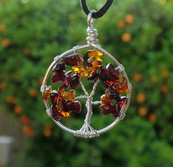 Sterling Silver Tree of Life Pendant - Autumn Tree of Life - Baltic Amber Garnet Pendant - Sterling Silver Tree of Life