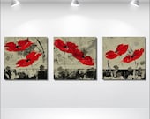 Modern Abstract Original PAINTINGS 3 parts Contemporary grey red abstract  Fine ART FLOWERS stretched canvas art by EttisGallery