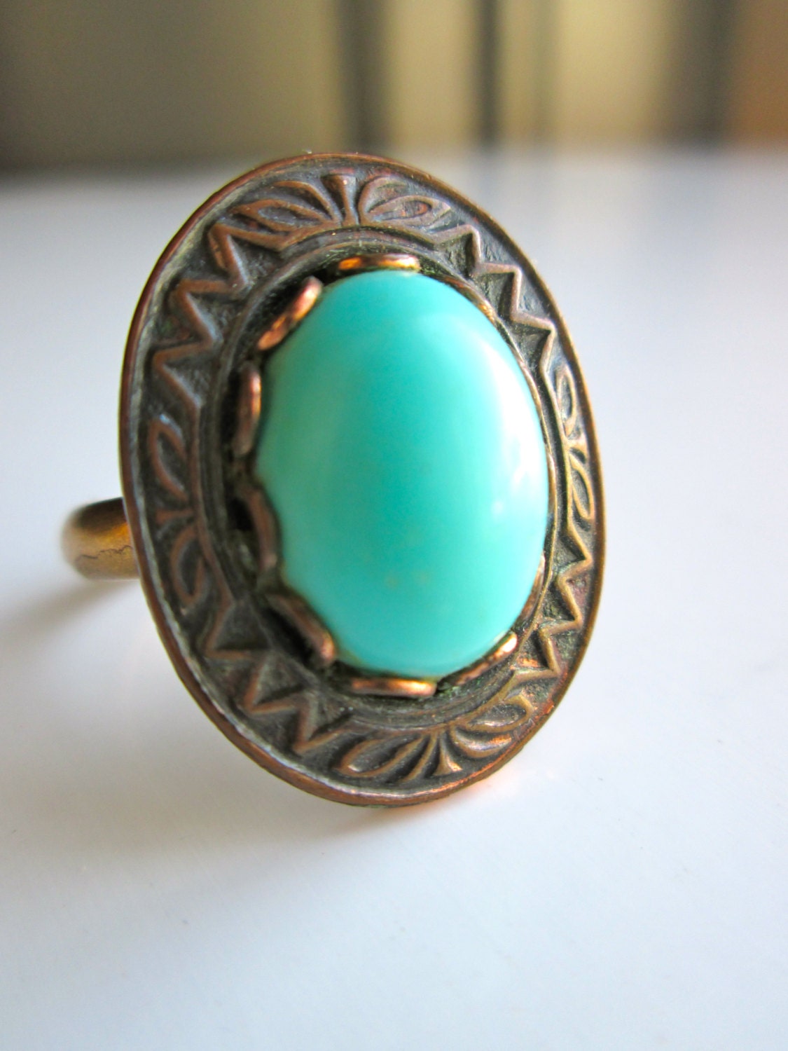 12K GF ring Faux Turquoise boho Cabochon vintage jewelry cocktail ring adjustable retro chunky bohemian