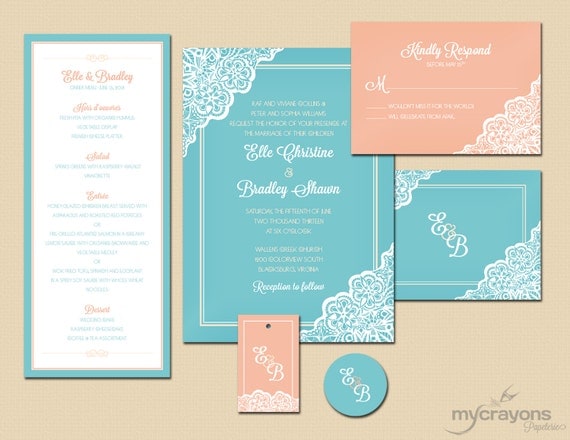 Retro Lace Daisy Wedding Invitation // DIY Printable // Turquoise Aqua and Coral Peach
