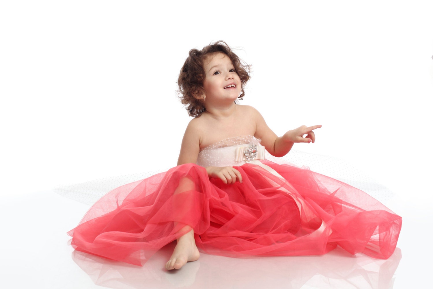 Girl dress,children clothing, birthday girl dress, coral and ivory tulle toddler dress with brooch and ivory ribbon, princess tutu dress