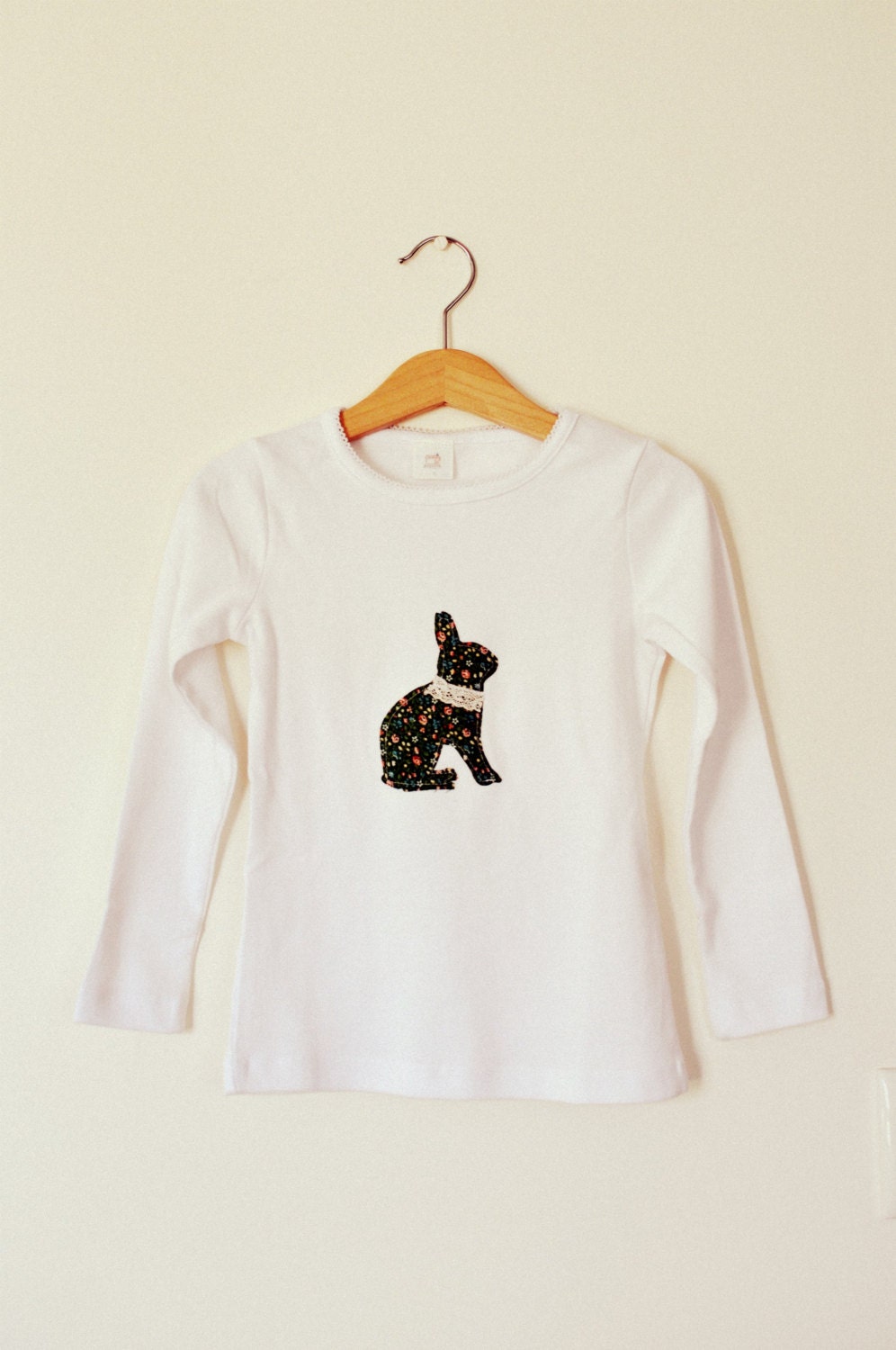 Mavis the bunny rabbit white girls applique top with green floral bunny and lace detail. age 4