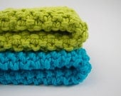 hand knit plushy cotton washcloth set in bright lime green and aqua blue