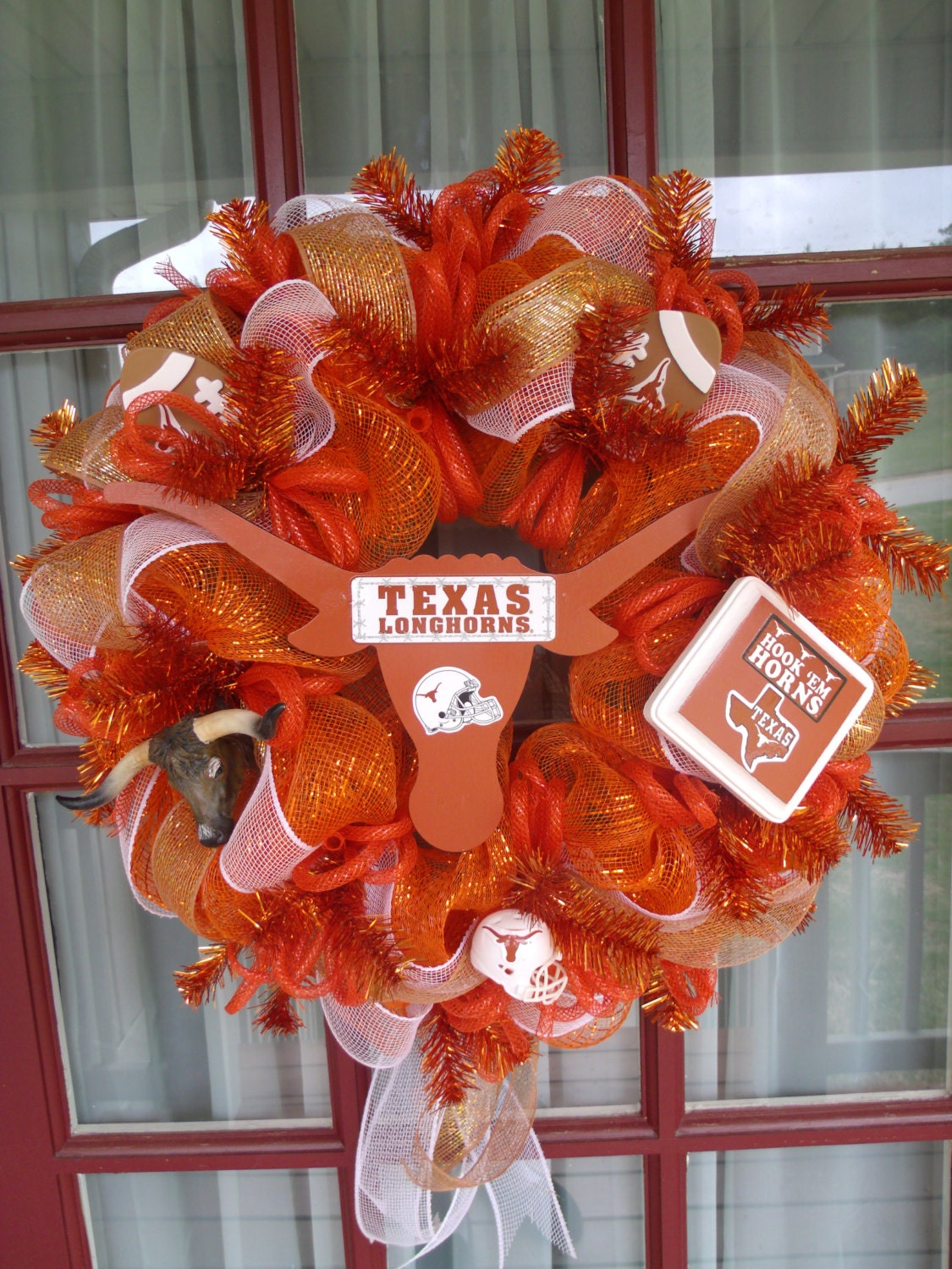 Texas Longhorn Orange and White Deco Mesh Door Wreath