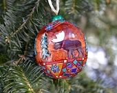 Hand Carved Wooden Quilted Moose Ornament in Red, Teal, Purple & Gold