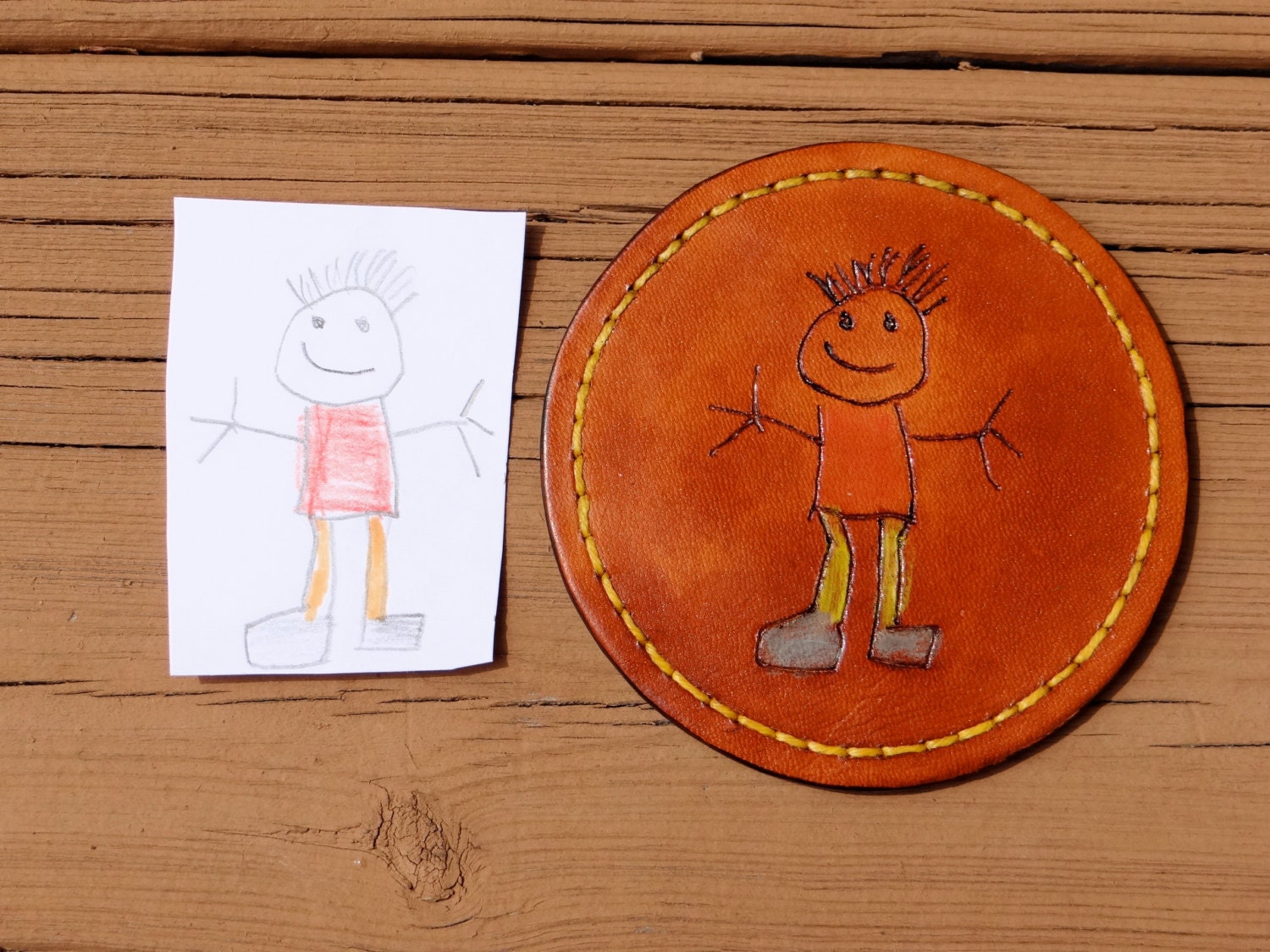 Recreate Your Children's Drawing and Name / Personalized / Customized / Round Leather Coaster / Set of 4