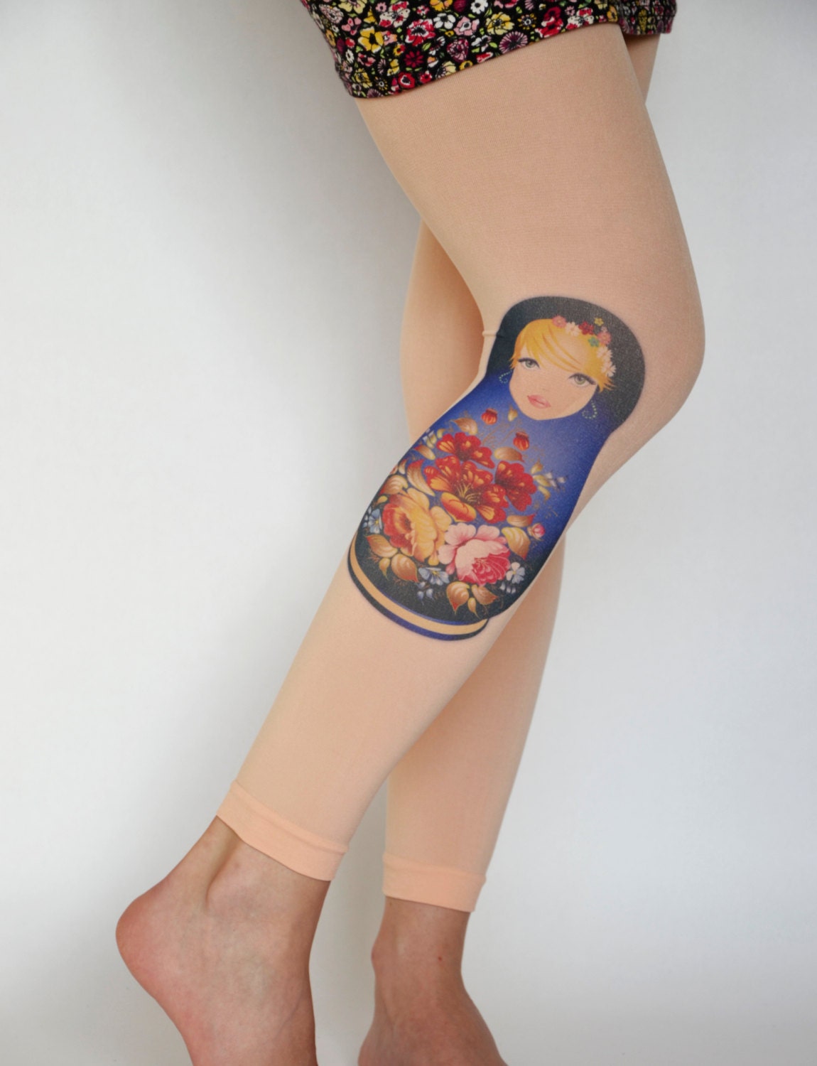 Old Pink Pantyhose Tights,Blue Russia Babushka Matryoshka,Flowers Print  Leggings, Clothing Russian Doll  Tights  Handmade