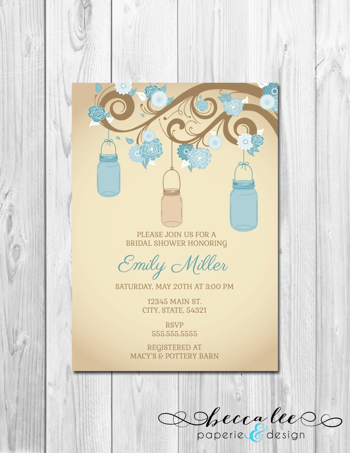 Mason Jar Branch Bridal Shower, Baby Shower, Birthday Invitation - Blues - DIY - Printable Il_570xn